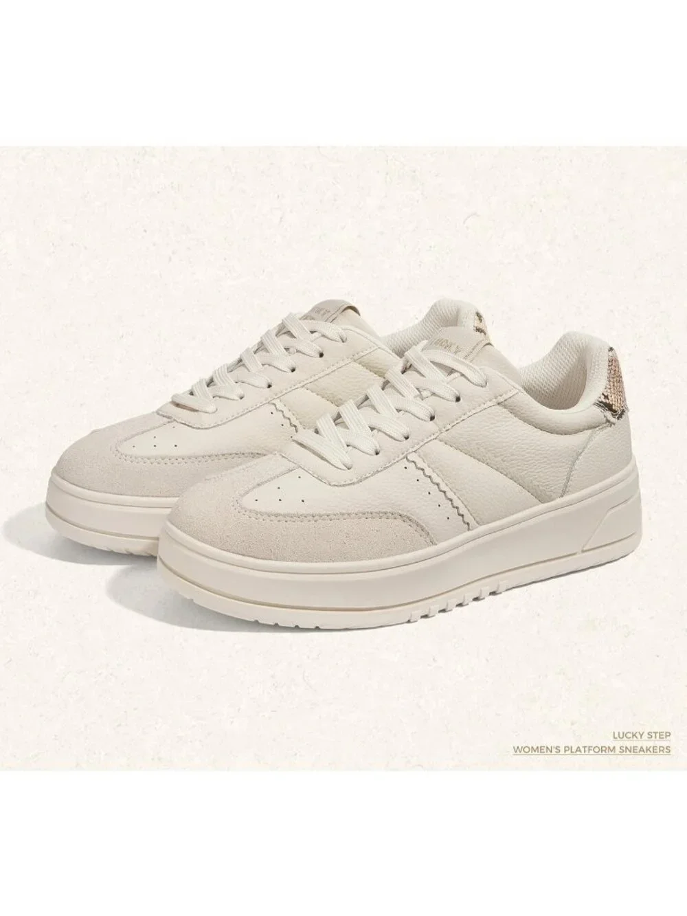 Women's Beige Lace Up Platform Thick Sole Comfortable Casual Fashion Sneakers